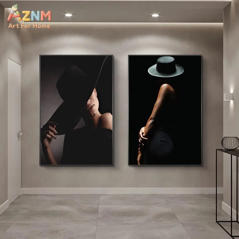 AZNM Black White Fashion Woman With Wide Straw Hat Canvas Wall Art Minimalist Female Body Silhouette Print Unframed Canvas Paint