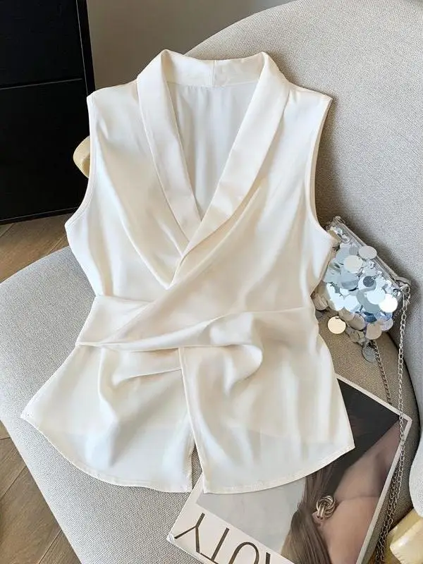 

Ele Silk No-Sve irt Women's Faion Cross-Tie Vest Summer New Design Sensation Slim Fit V-Ne ort Length Pure Color