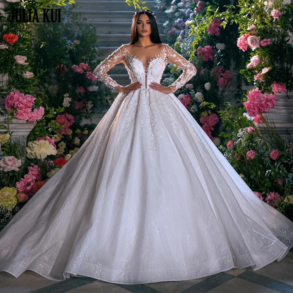 Julia Kui Custom Made Chic Lace Full Sleeves Ball Gown Wedding Dresses Beading Pearls Appliques Sweetheart Bridal Skits