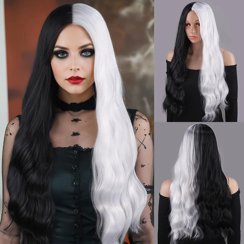 CRUELLA Deville De Vil Cosplay negro blanco con flequillo pelo para mujeres con flequillo pelo corto Bob peluca sintética resistente al calor
