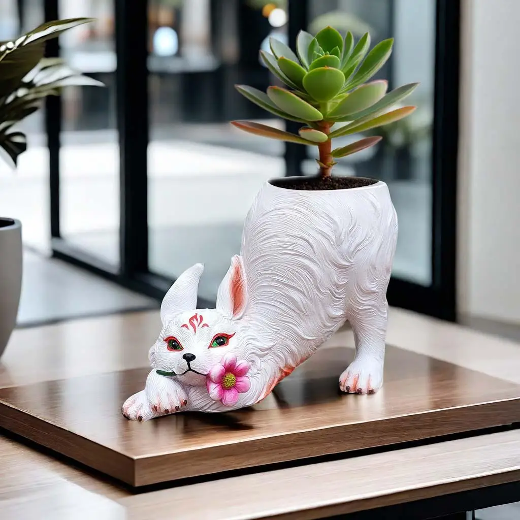 

Fox Statue Flowerpot Fox Tail with Drainage Hole Cartoon Multifunctional Fox Figurine Garden Flower Pot for Decorating Entrance