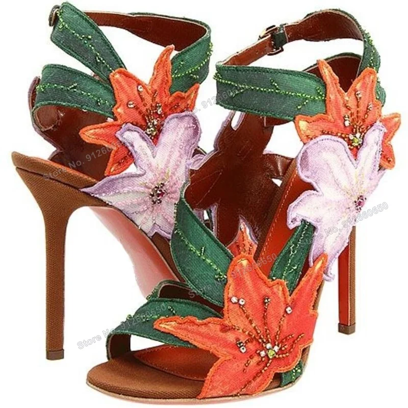 Abesire Orange Green Flower Decor Sandals for Women Mixed Color Ankle Buckle Thin High Heels Women Shoes on Heels Wedding Shoes