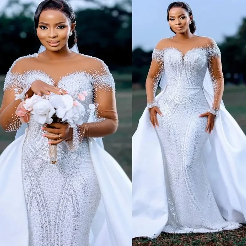 تخصيص زائد حجم فستان الزفاف أثواب الزفاف للعروس انفصال قطار حورية البحر فساتين الزفاف شير الرقبة الوهم كم طويل #4