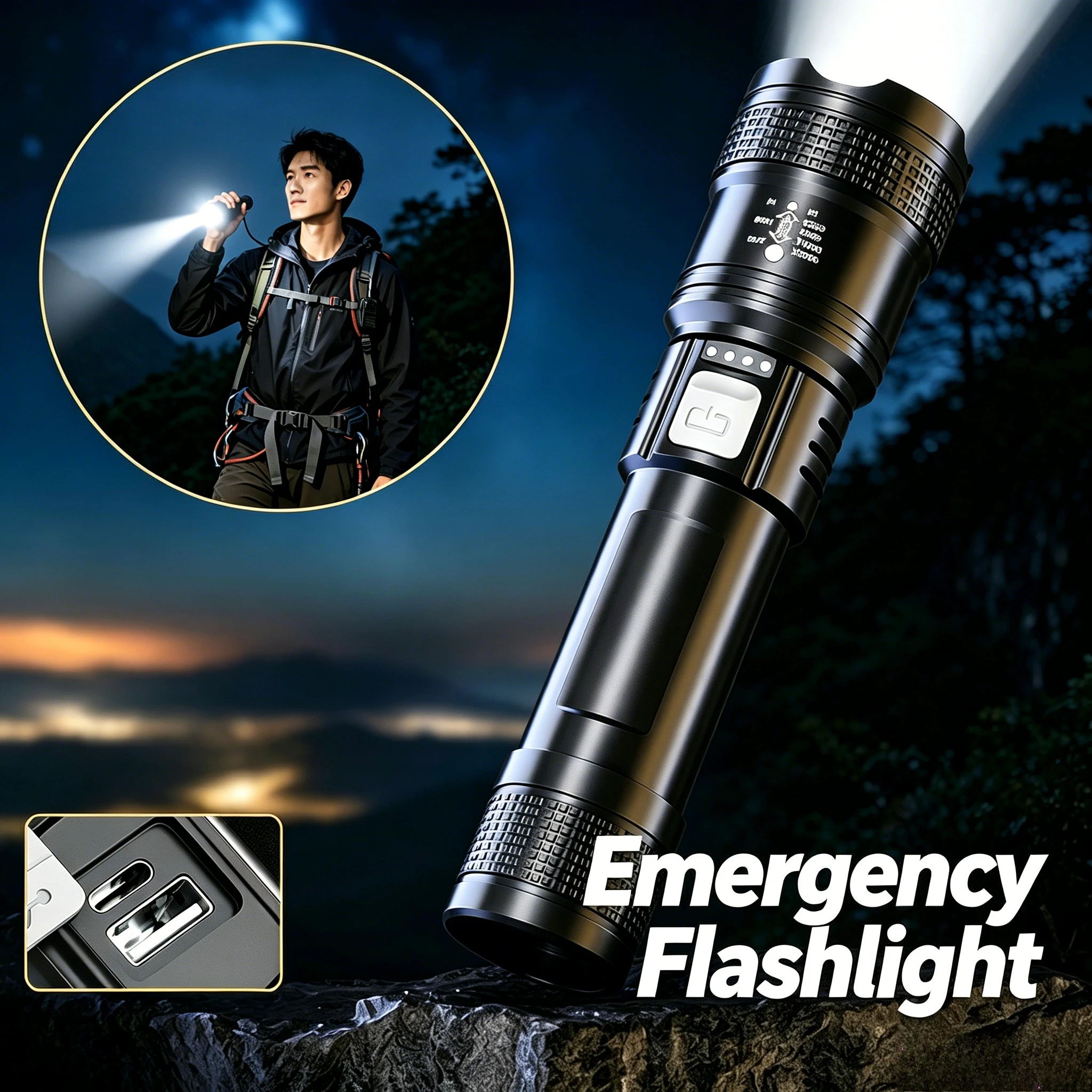 High Power LED Flashlight, Telescopic Zoom Torch, Rechargeable Emergency Light for Home, Fishing, Hiking Camping Lights