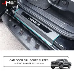 JHO Plastic Door Sill Scuff Plate Pedal Entry Guard Protector Cover with LOGO For Ford Ranger 2021 2022 2023 2024 Accessories
