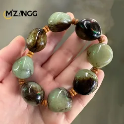 Natural Hetian Jade Original Stone Bracelet with Carved Black Leather Jade Beads String Men's and Women's Fashion Charm Jewelry