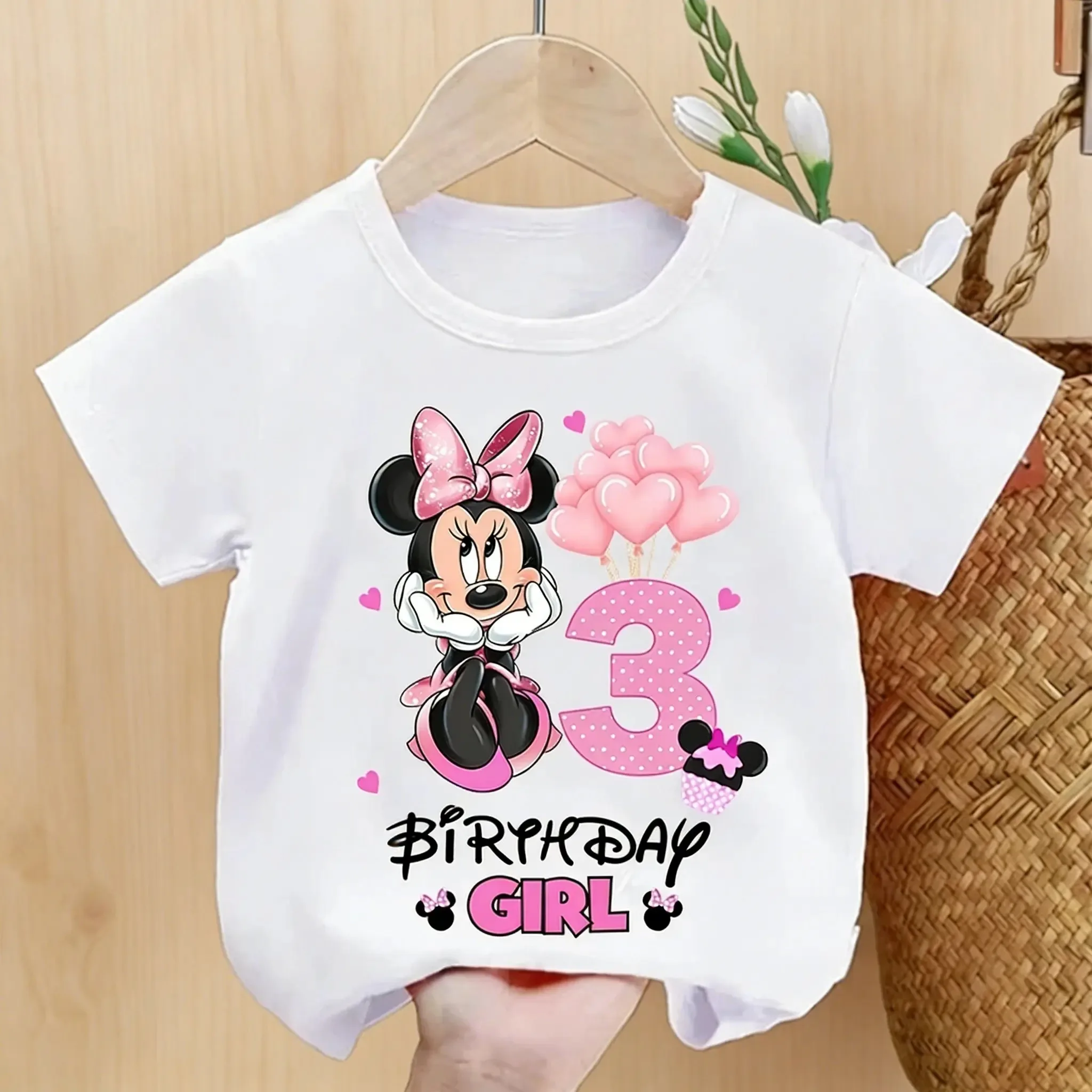 T-shirt d'anniversaire Minnie Été 2026 pour enfants, T-shirt à manches courtes imprimé dessin animé, vêtements parent-enfant