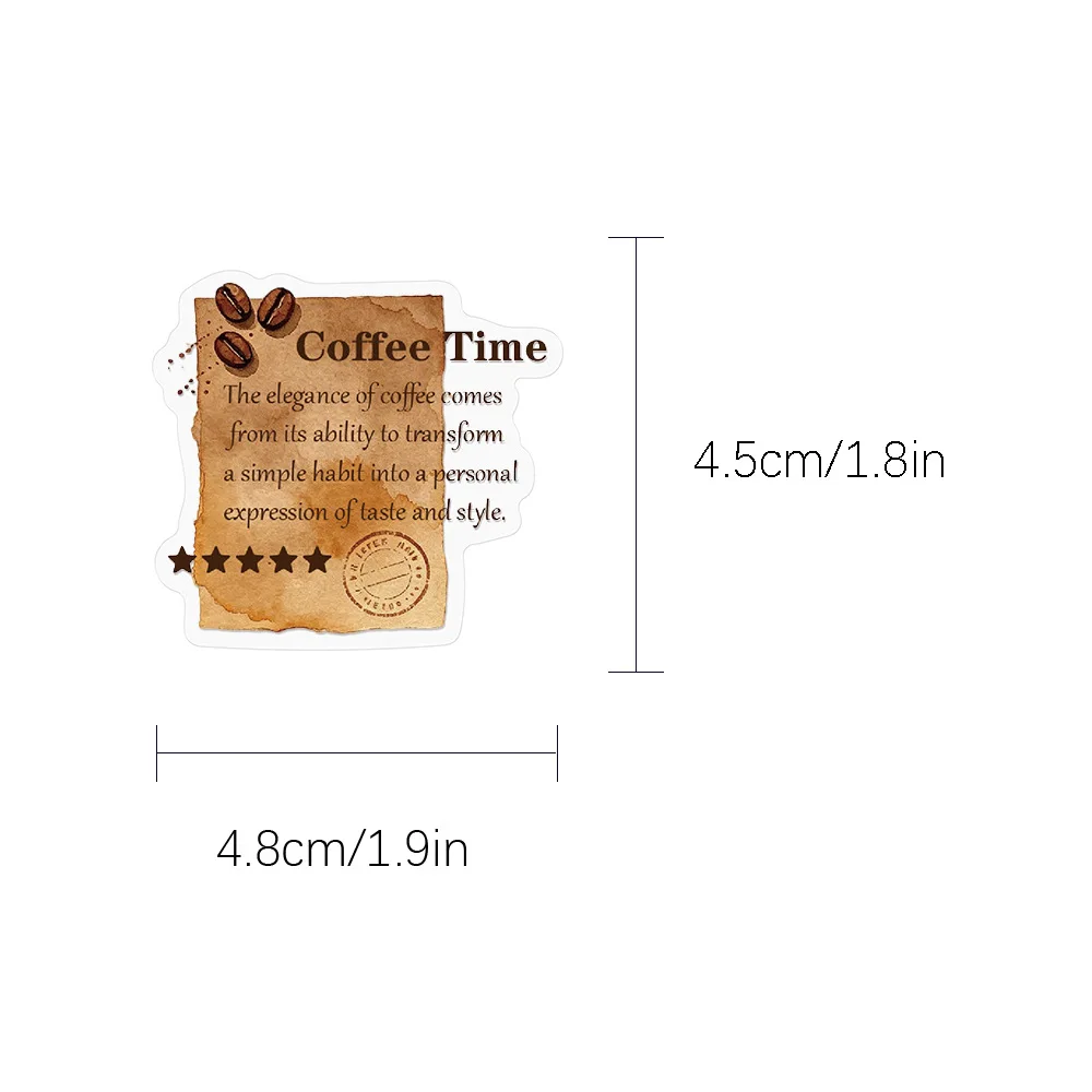 50 Pcs Vintage Coffee Stamp English Stickers Transparent PET Waterproof Decals for Journal Pencil Case Notebook Gift