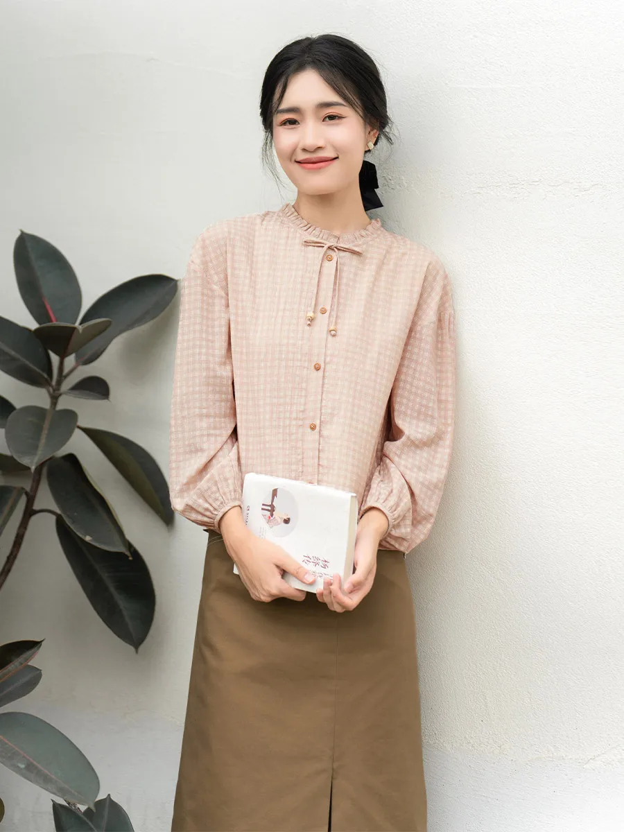 

Новая женская винтажная рубашка Ele с длинным рукавом в клетку, с цветочным воротником, для весны и осени, универсальный топ из смесового хлопка для повседневной носки