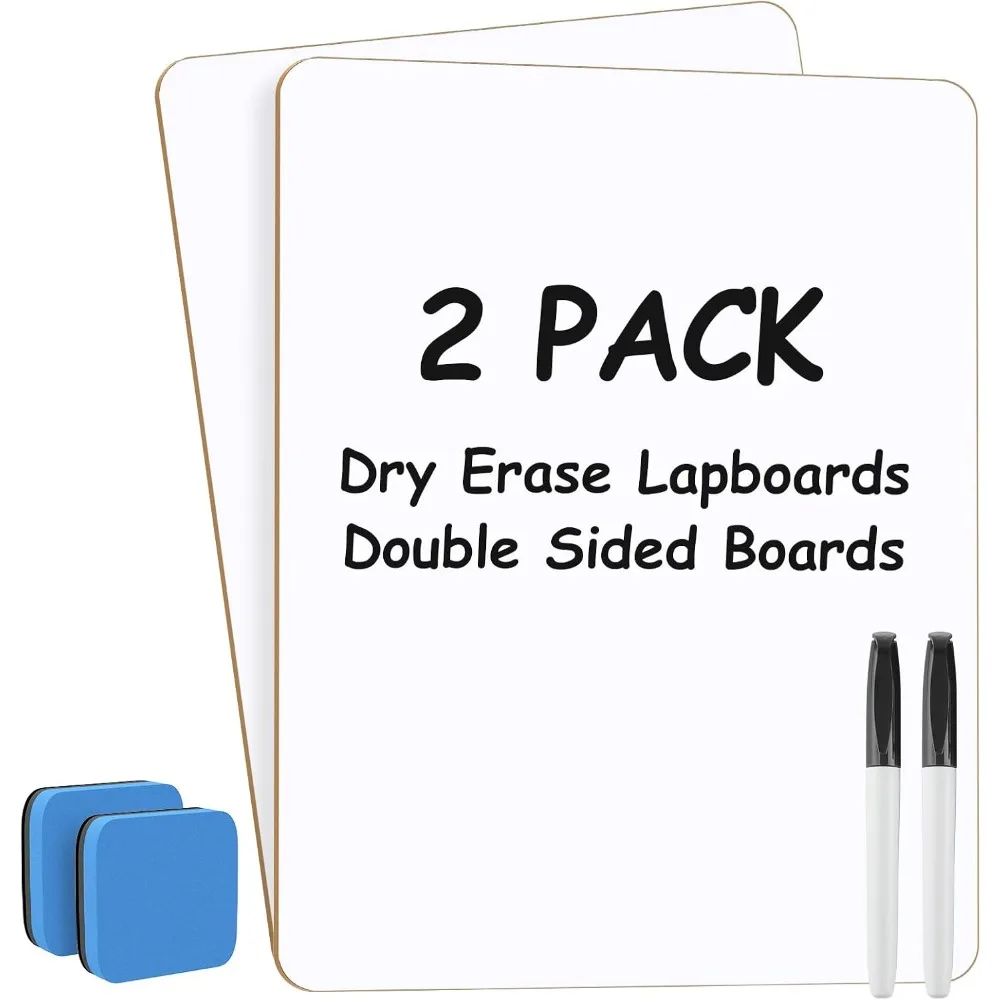 Double Sided Dry Erase Board, 9'' x 12'' Small White Board, 2 Pack | Reusable Double Sided Surface, Easy to Write and Erase, Portable Small Learning Board, Includes 2 Markers and 2 Erasers
