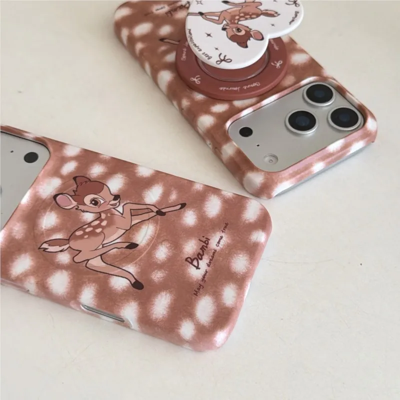 حافظة هاتف كورية لطيفة بامبي مناسبة لهاتف آيفون 17 17pro 17promax 13 14 15 16 Pro Max غطاء خلفي للهاتف بحامل مغناطيسي