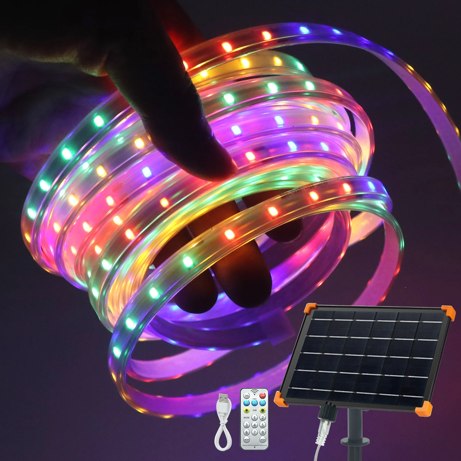 Solar Powered LED Strip Waterproof Flexible Rope Lamp Warm White RGB Color Changing Outdoor Home Garden Patio Party Decor
