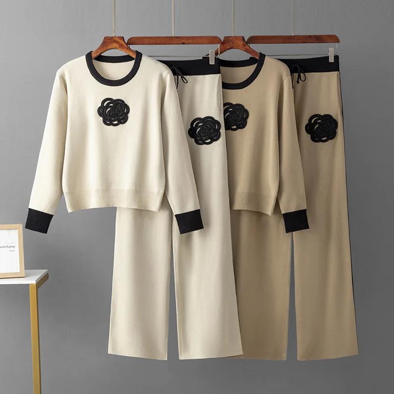 

Casual Knitted Two Piece Sets Women Floral Sweater Top+Pant Sets Knit Tracksuit Women Two Piece Set Spring Autumn Set For Women