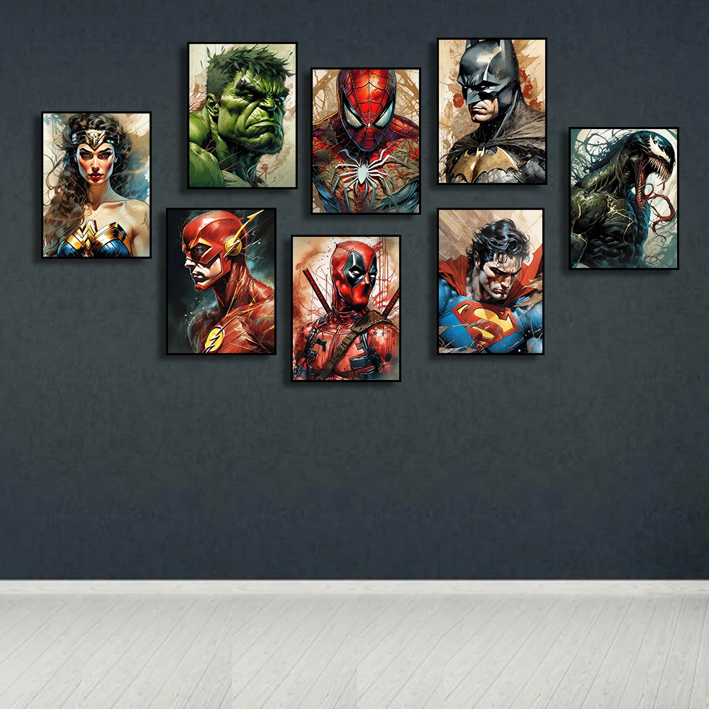 Marvel Film-Kunstposter Spider-Man Iron Man Deadpool Leinwandgemälde Klassische Anime-Charakter Wandbild Heim-Wanddekoration Geschenk