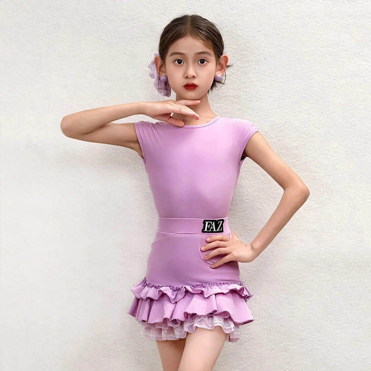 Girls Latin Dance Dress Practice Backless Bodysuit and Lace Cake Skirts Rumba Competition Costume Dancewear