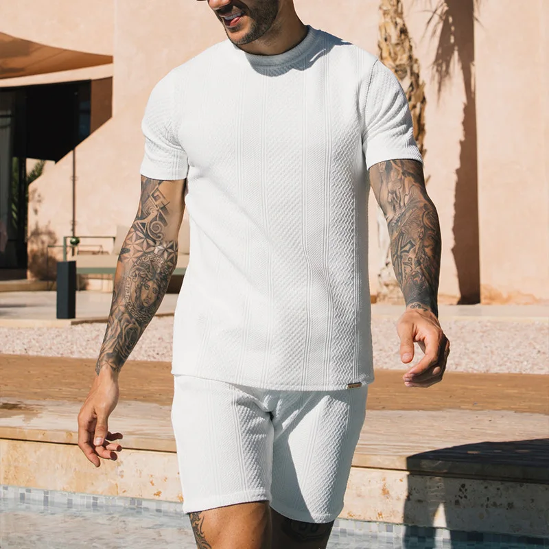 2024 Solid Texture Shorts Short Sleeve Set Round Neck T-shirt Sports Men's Summer Two Piece Set