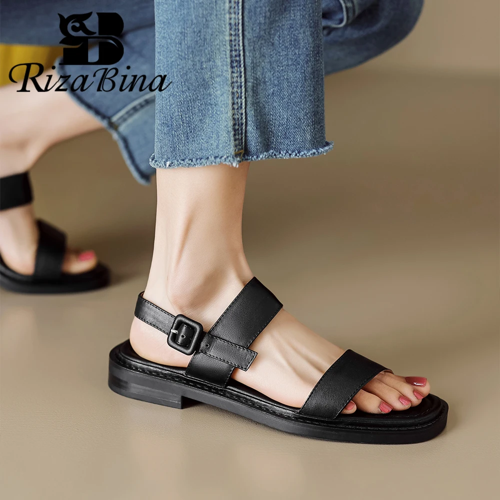 

RIZABINA Concise Women Flat Sandals Cow Leather Low Heel Slingback Shoes 2024 Summer New Buckle Strap Comfortable Shoes Handmade