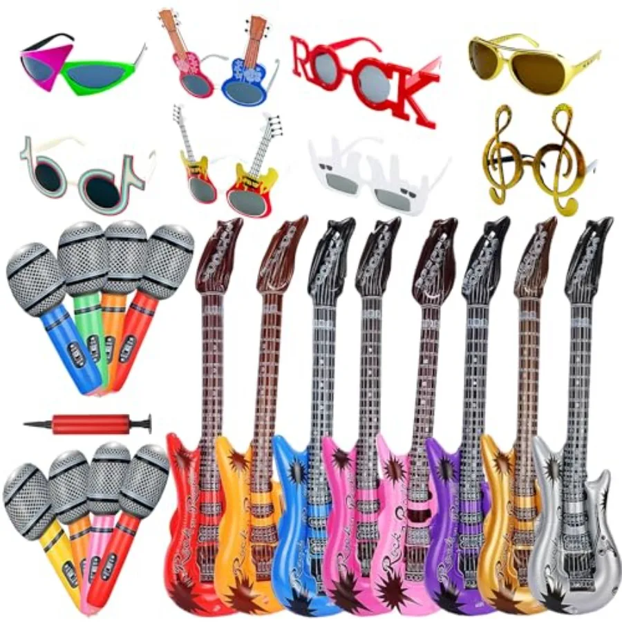 Set de Gafas de Sol Divertidas de Estrella de Rock, Gafas de Sol Divertidas para Fiesta de Rock and Roll, Guitarra Inflable y Micrófono para Disfraces de los 70, 80 y 90