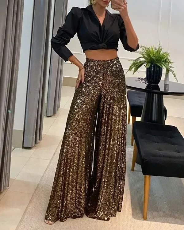 Women's New Fall Fashion Temperament Loose Wide-leg Pants Elastic High-waisted Solid Color Sequins Big Flared Long Pants Y2k