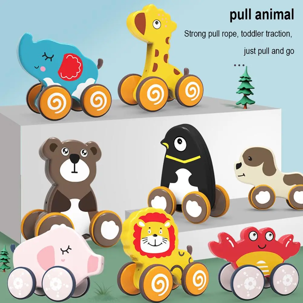 Cartoon Animals Pull Toddler Toy Kids Learning Education Toy 4 Wheels Pull Along Walking Toys for Baby Toddlers Preschool Kids