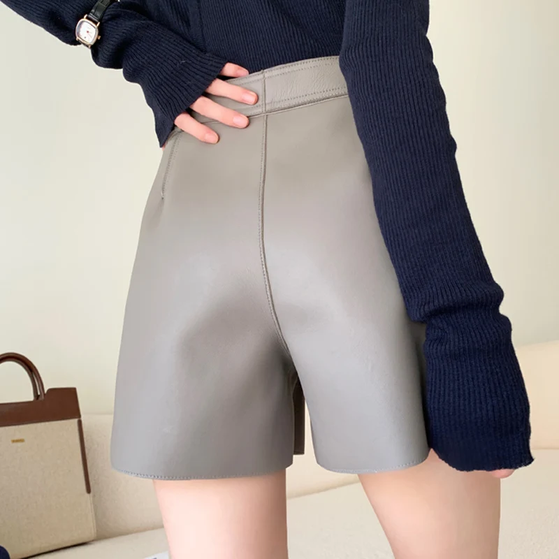 Lambskin Shorts 2024 Women Autumn Harajuku Japanese Straight Pocket Versatile Fashionable Leather Pants Grey Calzones Mujer Ropa