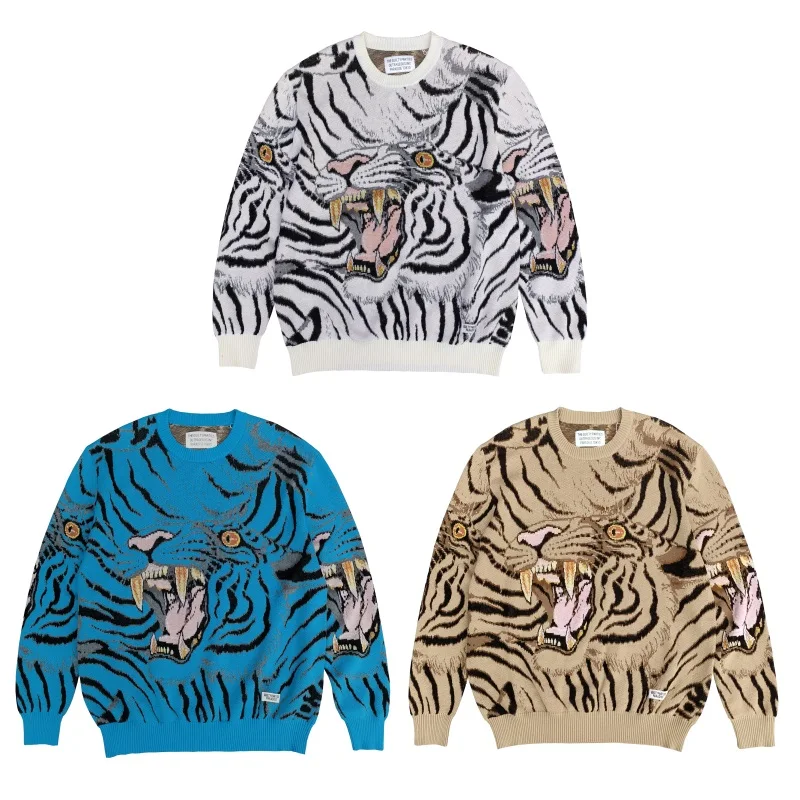 3 Colours WACKO MARIA Vintage Loose Tiger Totem Cotton High Quality Jacquard Winter High-end Mens Womens Pullover Sweater