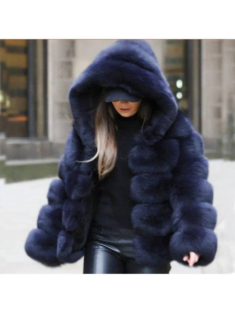 Women Hooded Thick Jackets Fur Faux Solid Zipper Coat Long Sleeve Cardigan Spliced Hoodies Warm Streetwear Coats Winter