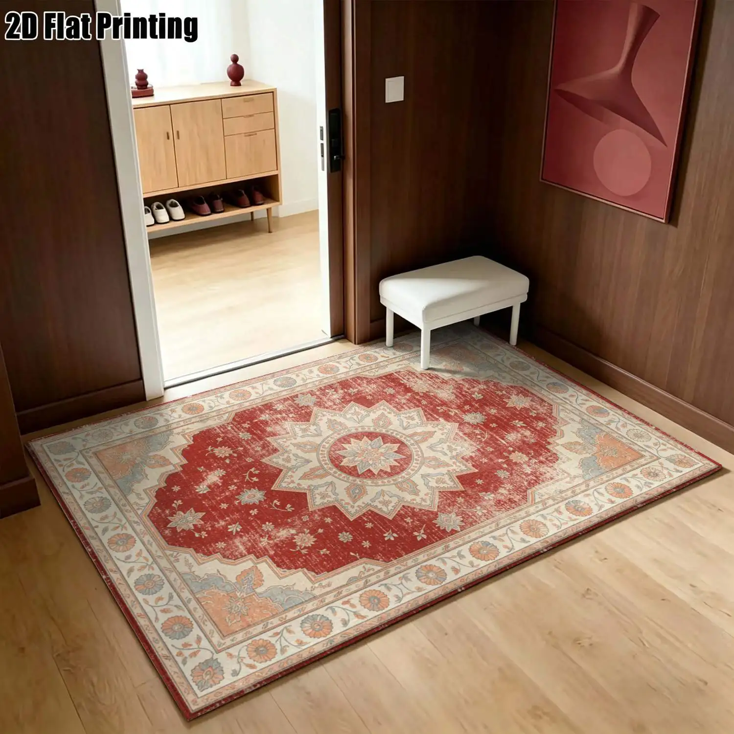 1Pc 2D Printed Retro Geometric Pattern Red Base Carpet: European, Bohemian Style, Home Decor, Multi-Size, Machine Washable, for Entrance, Living Room, Bedroom, Dining Room, Foyer
