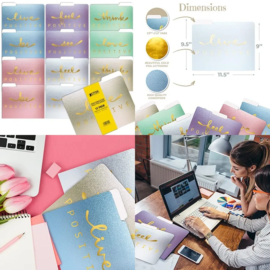 

Улучшите свою рабочее пространство с помощью 12 декоративных папок для файлов в упаковке 6 цветов и 6 мотивационных фраз с 12 уникальными дизайнами.