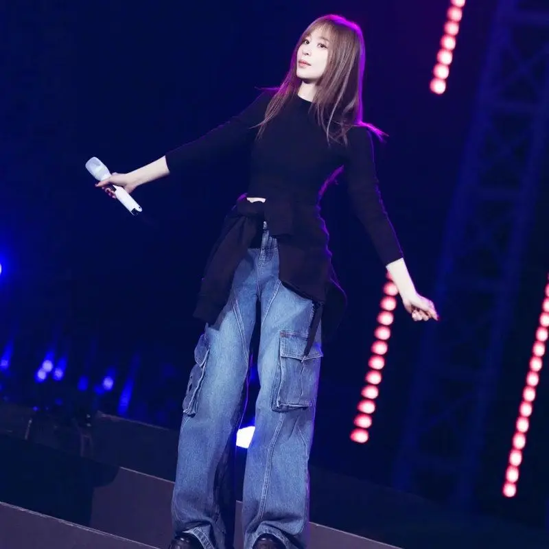 جينز نسائي فضفاض عالي الخصر وواسع الساق ملابس عمل أمريكية Sle ريترو مع كيتس للسيدات كاجوال من قماش الدنيم الأزرق من قماش البولي يوريثان #2