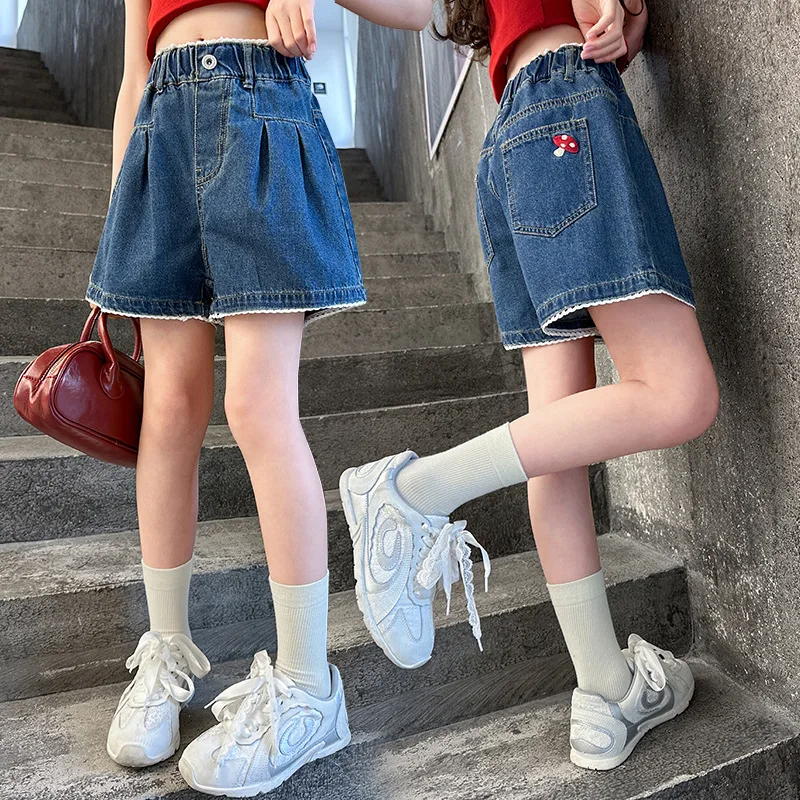 

Корейские модные шорты для девочек с бантами, детские джинсовые шорты, тонкие летние шорты, подходящие для детей 4-14 лет ﻿