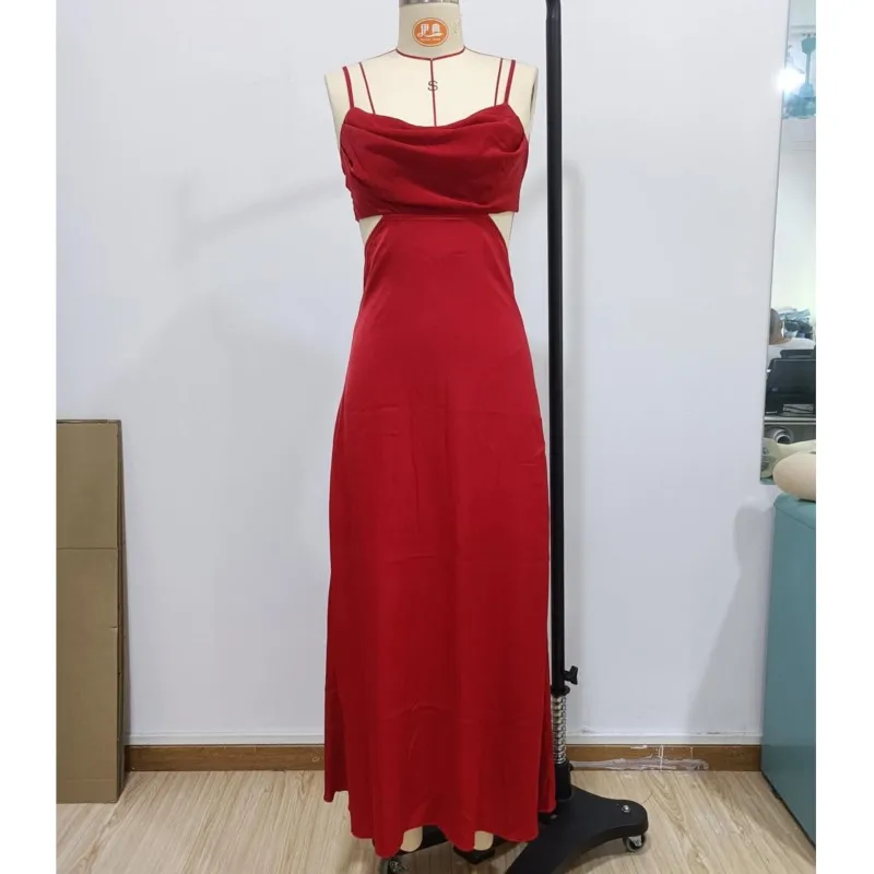 Robe longue en Satin rouge pour femmes, en soie ajourée, sans manches, col bénitier, Vintage, Sexy, froncée, soirée, plage