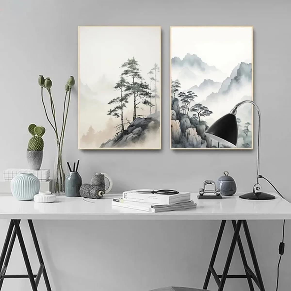 حائط لوح رسم الفن صور اليابانية ضبابي جبل أشجار الصنوبر المائية الملصقات المعاصرة ديكور غرفة المعيشة