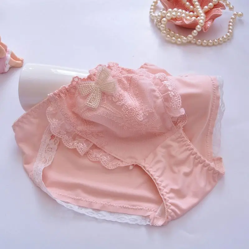 Princess Style Milk Silk Ruffles Lace Cute Lovely Sweety Panties Women Lolita Cosplay Bow Embroidery Luxury Underwear Breifs