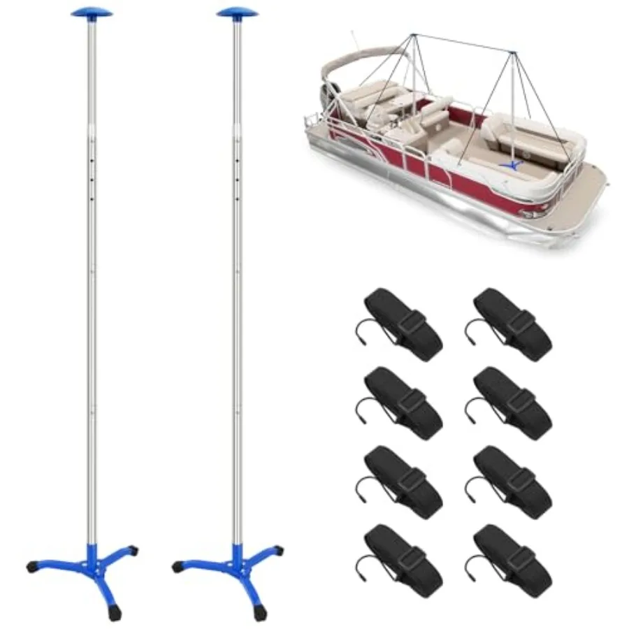 

Boat Cover Support Poles Adjustable 2 Pieces with 8 Ropes and Triangular Iron Square Tube Base Support Poles 61 in for Pontoon/
