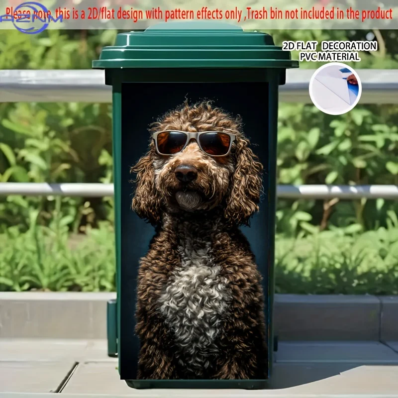 Dog with Fashion Glasses Self-Adhesive Dustbin Stickers, PVC Trash Can Decorative Labels, Wheelie Bin Design, 37.01×81.99 cm –