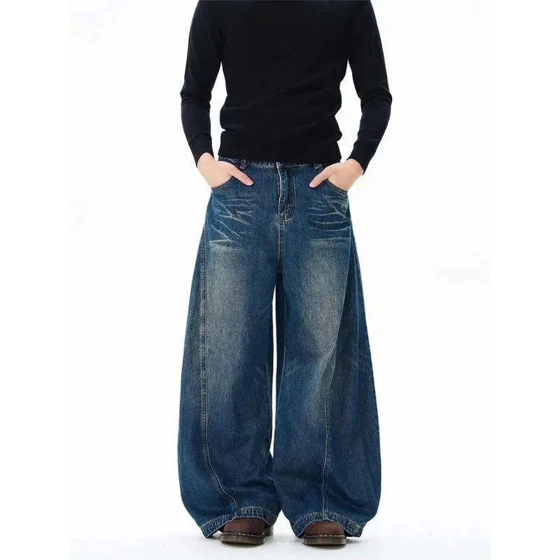 Vintage Black Washed Baggy Jeans Pants Men Wide leg Curved Blade Pants Streetwear Cowboy Casual Denim Straight Trousers