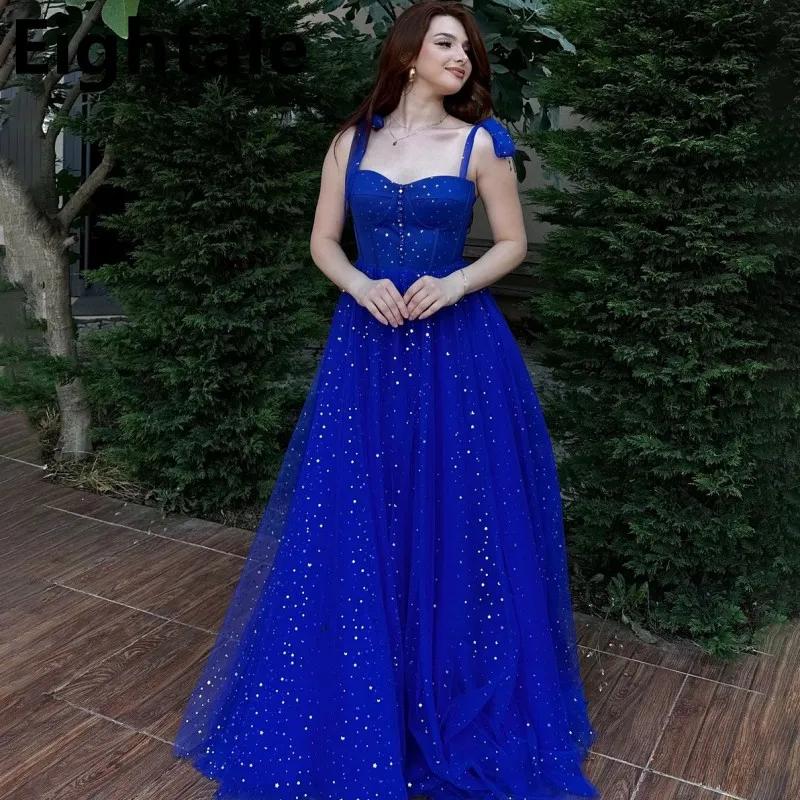 2025 Star Sequin Tulle A Line Long Beach Summer Prom Dress For Graduation Straps Sweetheart Neck Royal Blue Floor Length Evening