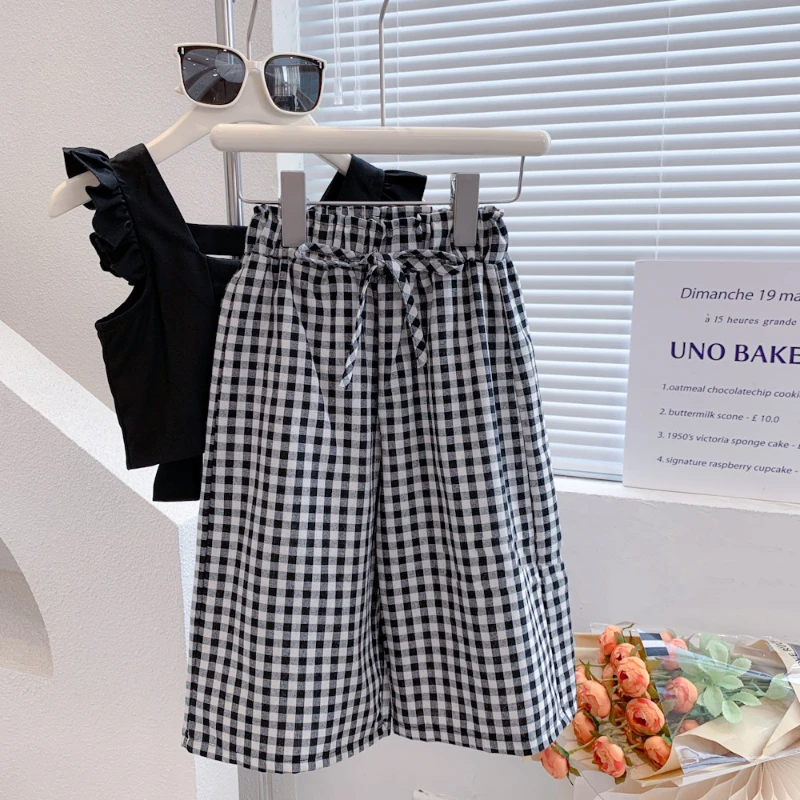 Girls Clothing Set Summer Fashion Backless Vest Top T-Shirt & Plaid Pants 2Pcs Children Outfit Suit Kids Girls Clothes Sets 3-7Y