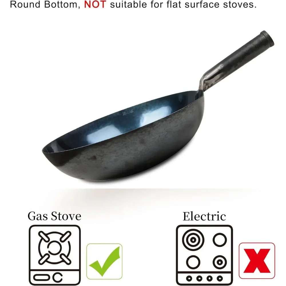 مقالي حديدية مطروقة يدويًا ومقالي قلي تحريك، غير لاصقة، بدون طلاء، قوة من الفولاذ الكربوني (34 سم، أزرق أسود متبل #2