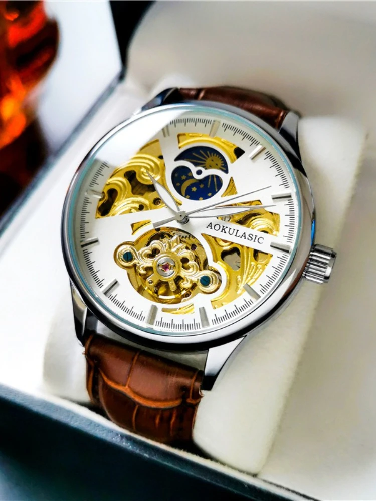 ساعة رجالية مجوفة من الأسفل ميكانيكية أوتوماتيكية بالكامل مرحلة القمر ساعة رجالية جلدية كاجوال #2