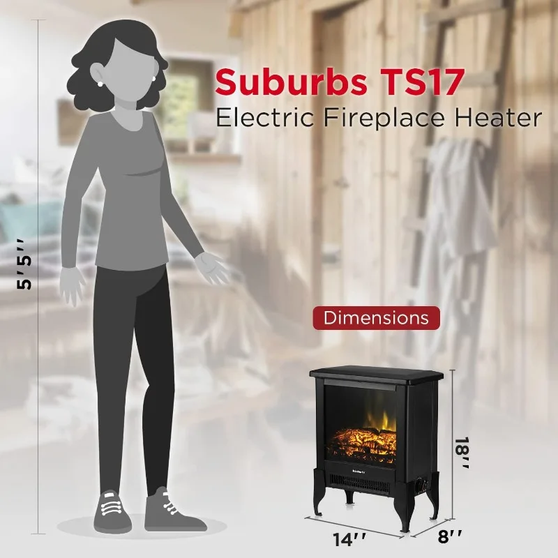 TURBRO Suburbs TS17 Compact Electric Fireplace Stove, 18” Freestanding Stove Heater with Realistic Flame - CSA Certified - 1400W