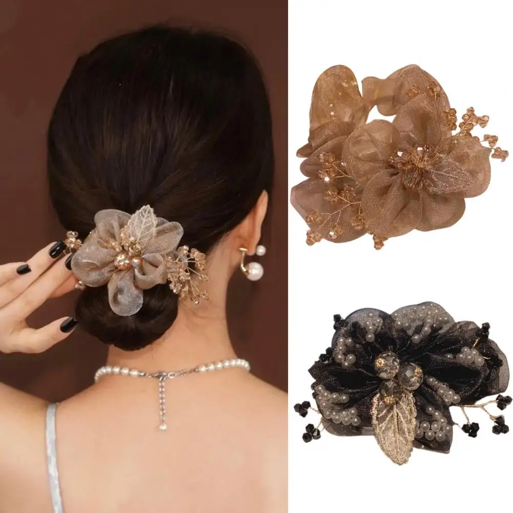 Element Faux Crystal Beads Leaves Hair Tie Exaggerated Elastic Anti-fall Girls Sweet Organza Flower Hair Rope Hair Accessories