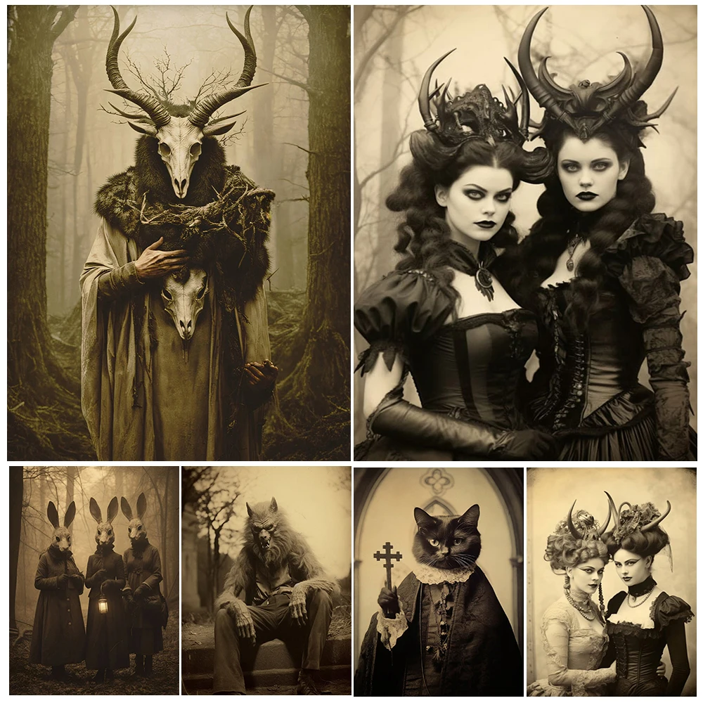 Pagan Witchcraft Photo,Art Poster Print,Cat Priest,Frankenstein,Creepy Ghost,Demon Women With Horns, vintage Wall Art Decoration