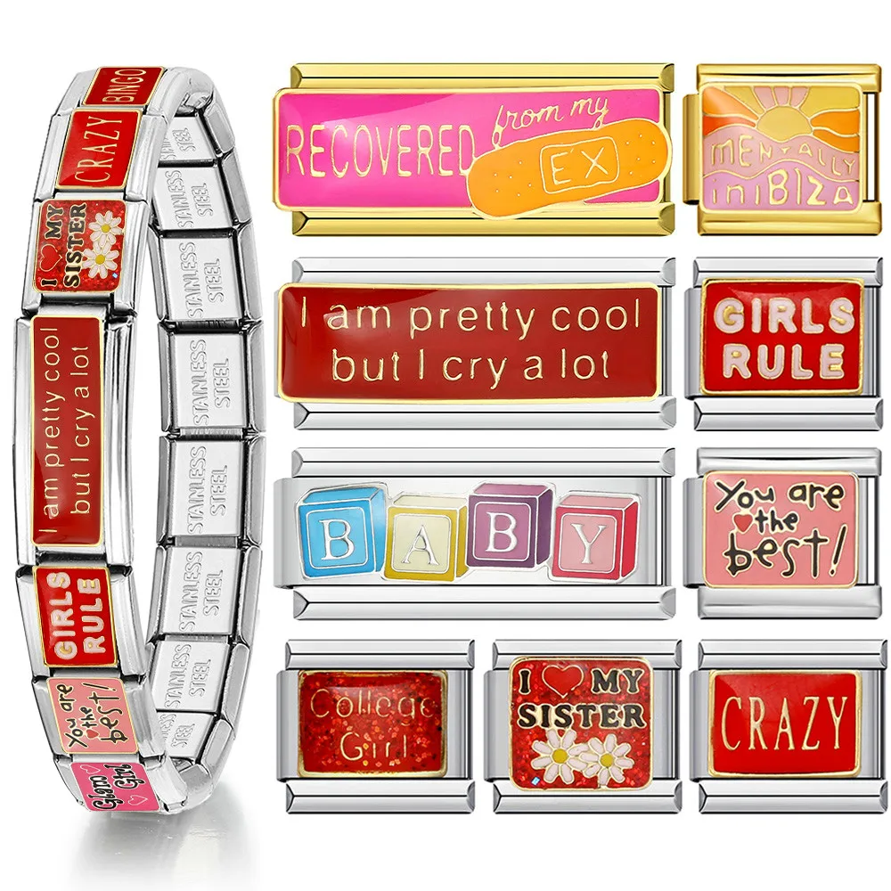 1 Stück Y2K Personalisiertes Italienisches Charm-Armband mit Worten, Edelstahl, DIY-Herstellung, Elastische Verbindung, Modeschmuck – Detail 1
