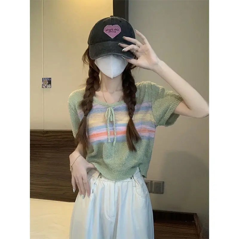 Women Summer Korean Sweet Slim Temperament Striped Lacing O-neck Short Sleeve T-Shirt Ladies Casual All-match Appear Thin Tops