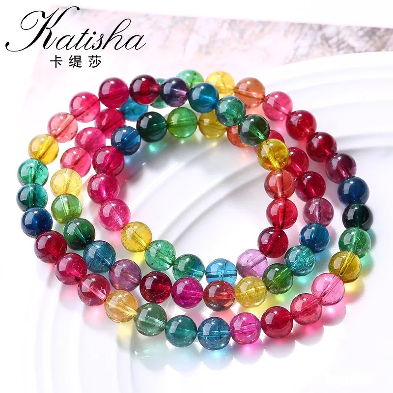 

Natural Brazilian - Crystal Rainbow for Women, Candy Tourmaline Bead Bracelet, Macaron Old-Mine Gemst