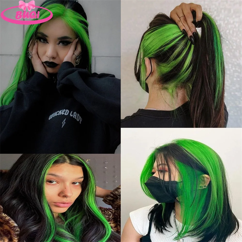 BUQI Fluorescent Green Hair Extension Clip In Hair Tinsel Heat Resistant Hair Synthetic Hair Invisible Hair Extension One- Pce