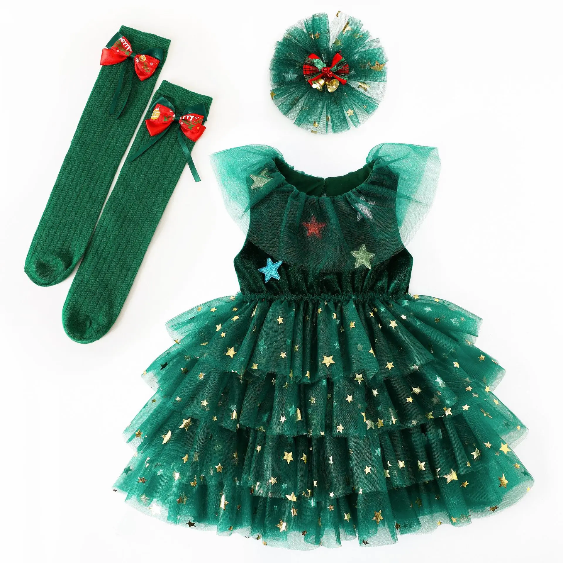

Green Christmas Children's Clothing for Girls Dress, New Mesh Princess Dress