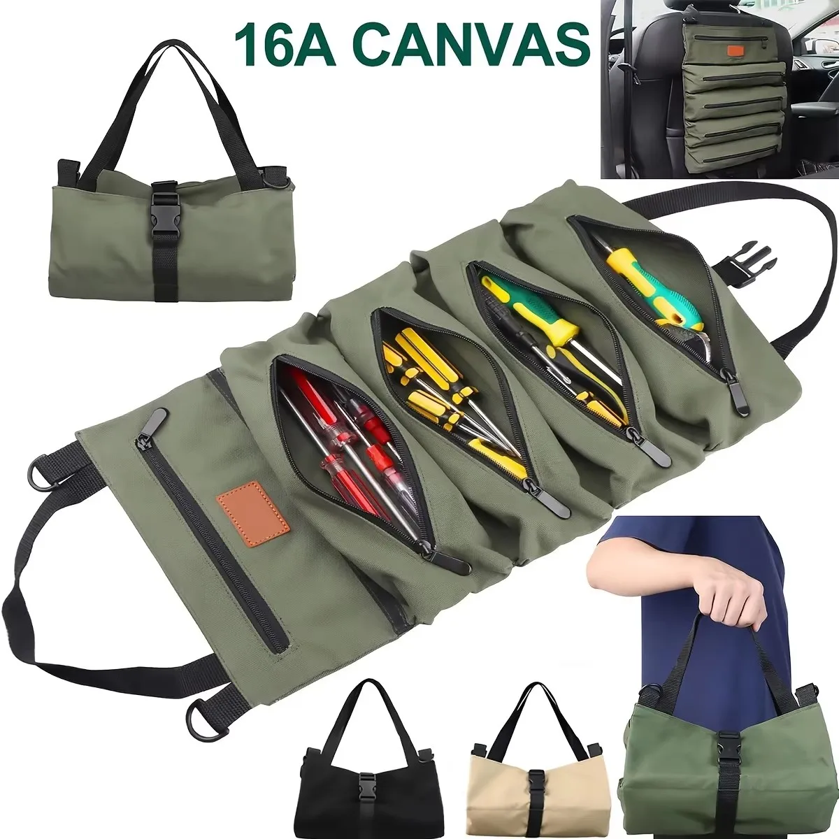 Tool Roll Bag, Multi-Purpose Roll-Up Tool Bag, Wrench Roll, Canvas Tool Organizer Bucket, Car First Aid Kit Wrap Storage Case